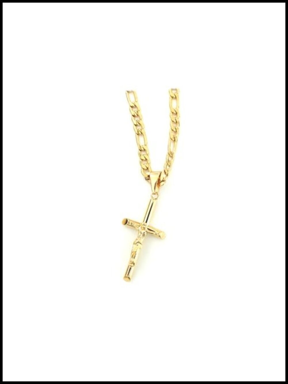 14K Gold Plated Cross Crucifix Necklace 5MM Figaro Chain Men Women
